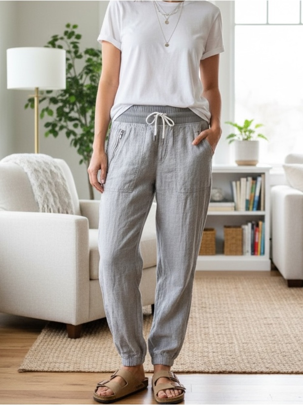 Athleta Cabo Linen Joggers Osprey Grey Women’s Size 2 Drawstring Pants